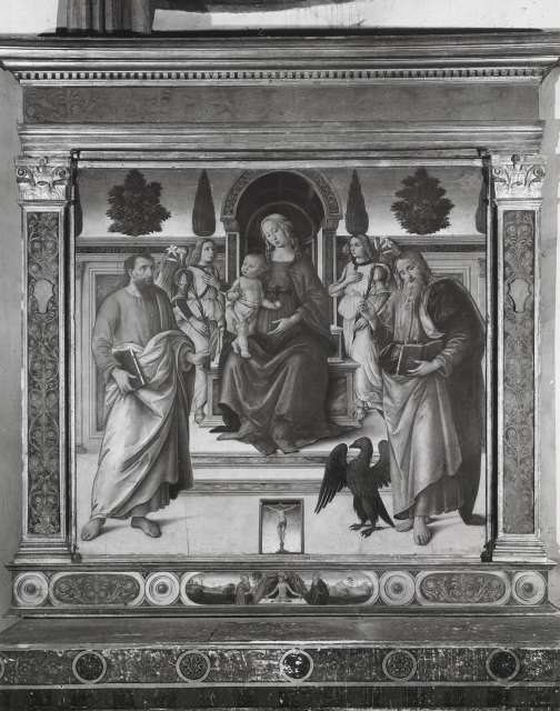 Kunsthistorisches Institut Florenz — Agnolo di Domenico di Donnino - sec. XV/ XVI - Madonna con Bambino in trono, san Bartolomeo e san Giovanni Evangelista — insieme, con cornice